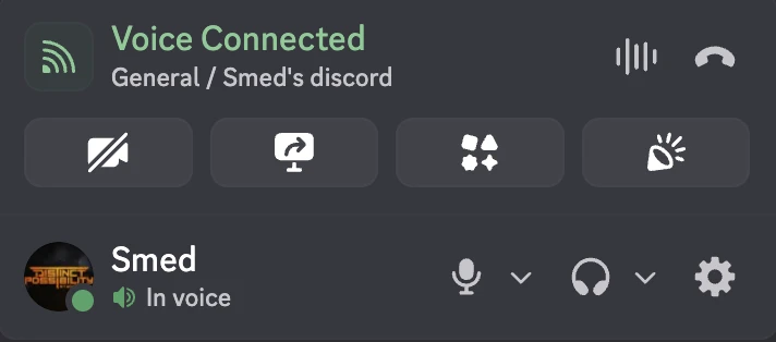Discord's voice controls, with the Activities button third from the left