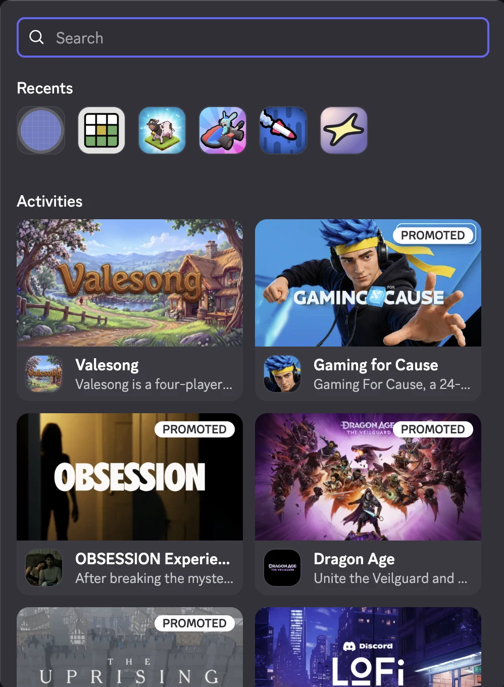 Discord's Activities menu with Valesong at the top
