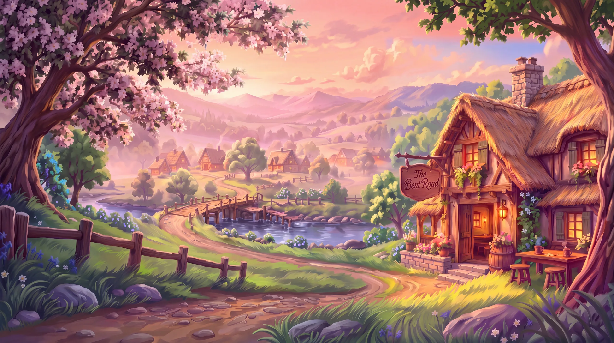 The Bent Road inn at dawn: a thatched cottage beside a winding path down to a river village, blossom trees framing the valley.