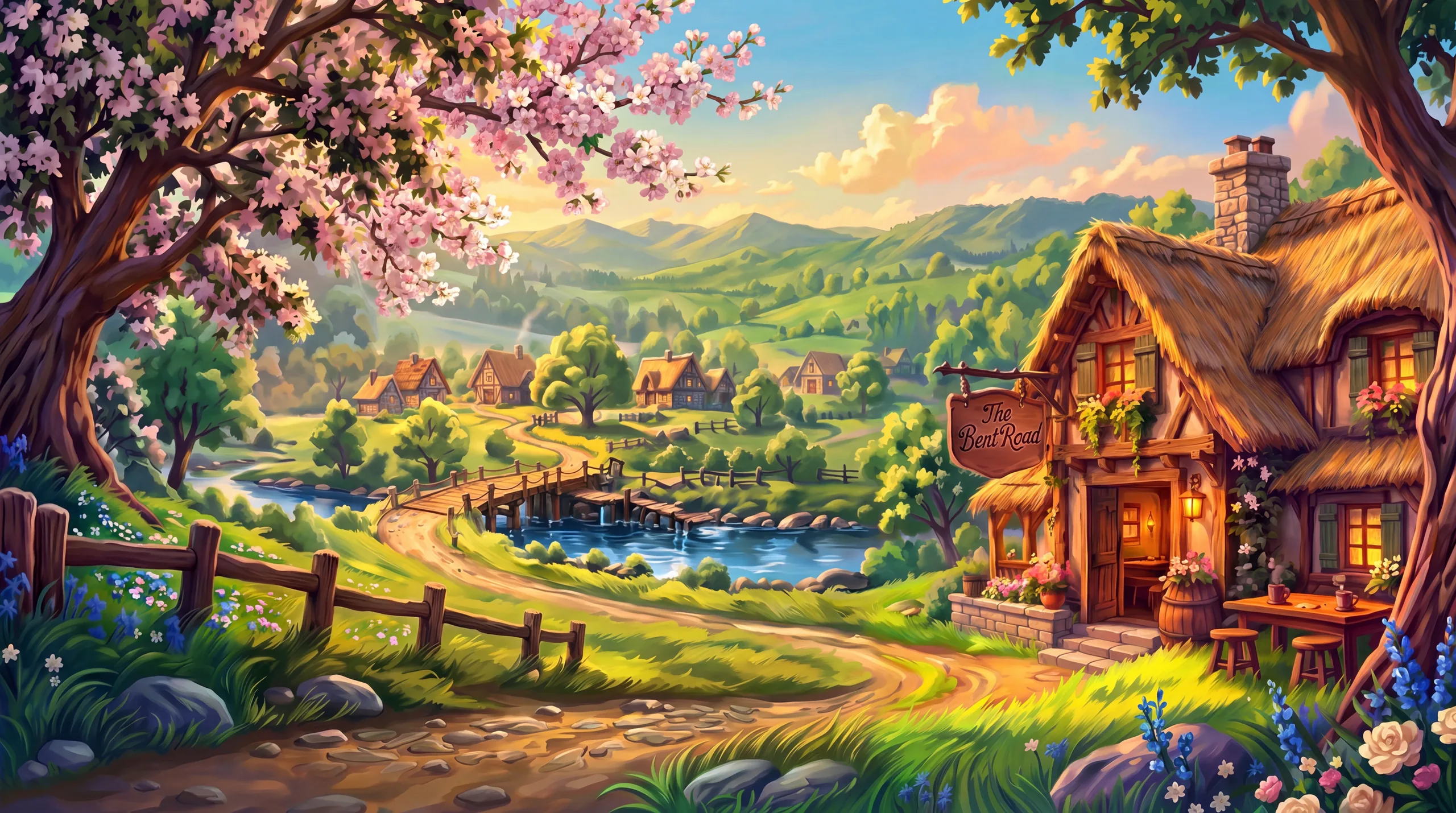 The Bent Road inn at golden hour, sunset light across the valley, the village and the winding road.
