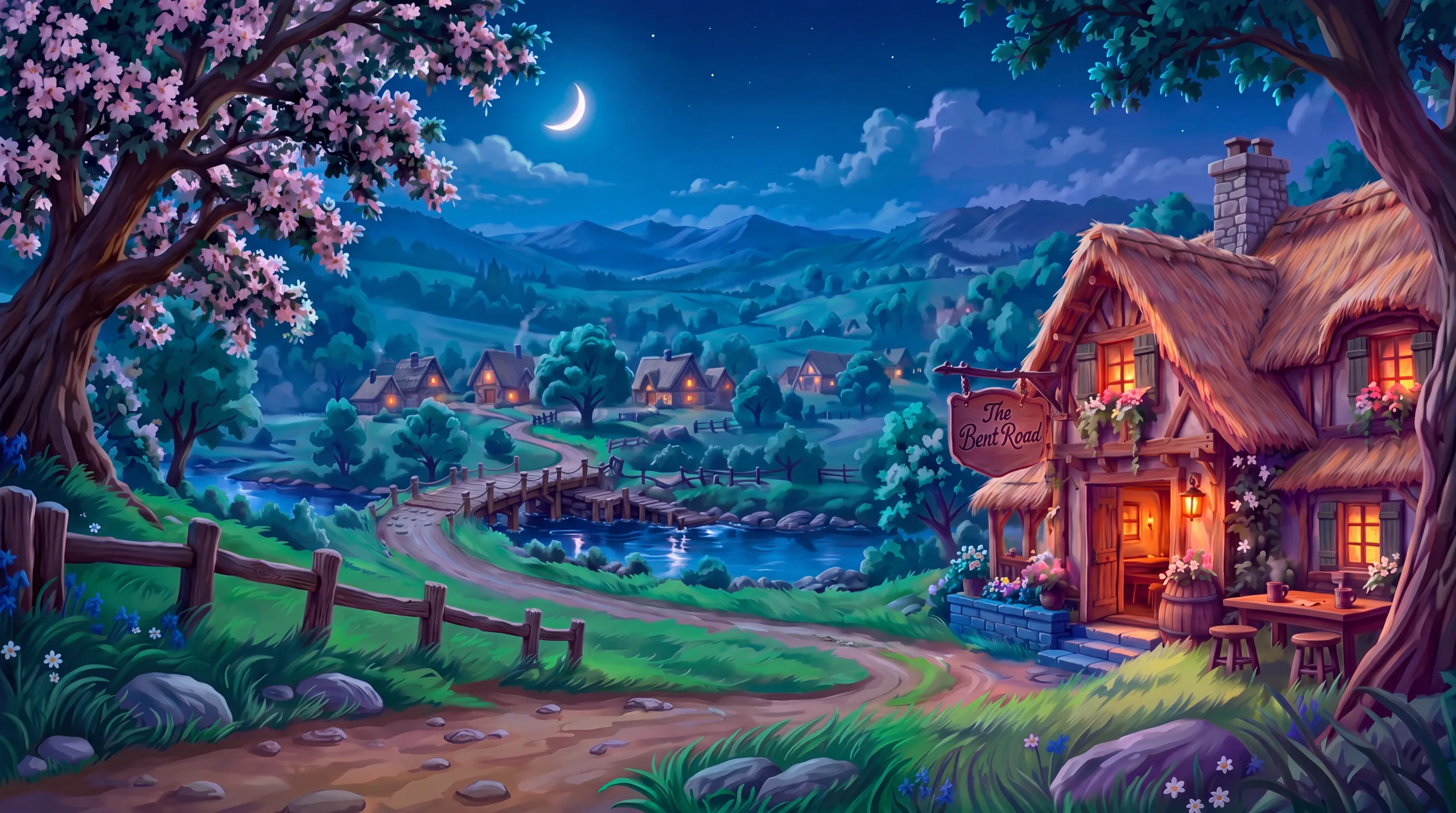 The Bent Road inn at night, lantern-lit windows glowing over the sleeping valley.